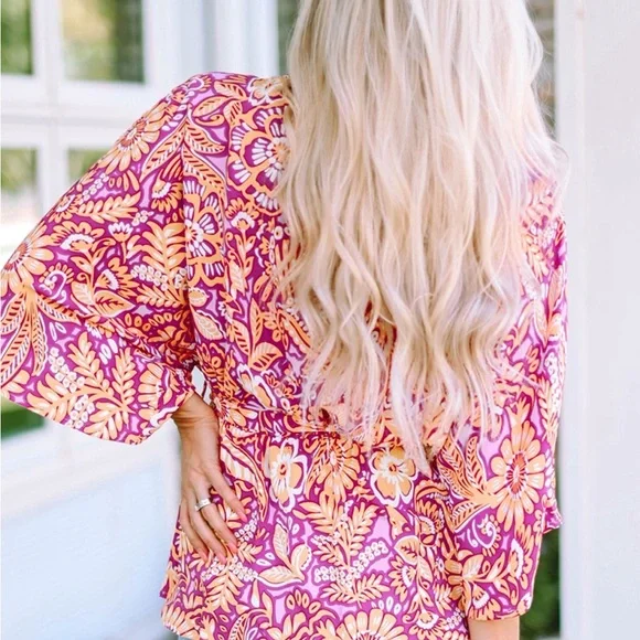 Boho Floral Print Belted Surplice Blouse Bohemian Top - Picture 2 of 15